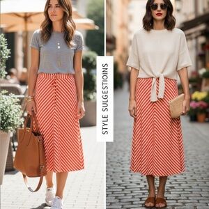 Joules Red & White Striped Midi Skirt | Size US 14 (UK 18 / EU 46)